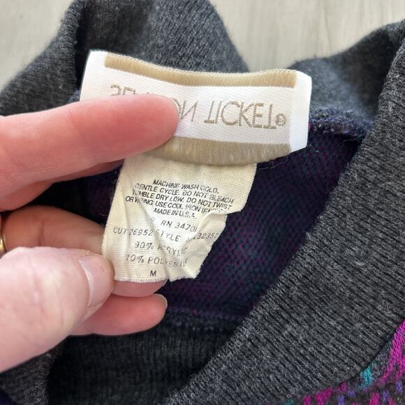 Vtg Season Ticket Teal Purple Pink Floral Paisley 80s Sweater Women’s Sz M - Picture 5 of 6